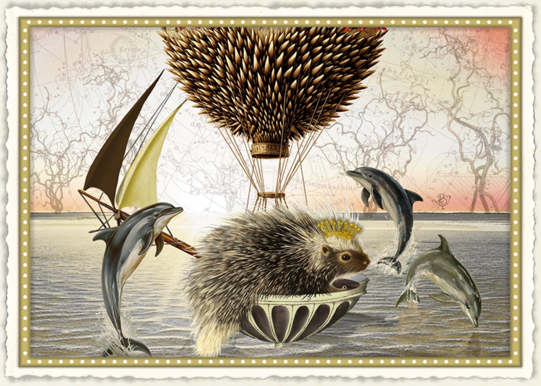 Spines in Flight Postcard by Barbara Behr - Edition Wundersam No. 36 featuring an illustration of a porcupine in a hot air balloon with dolphins around it
