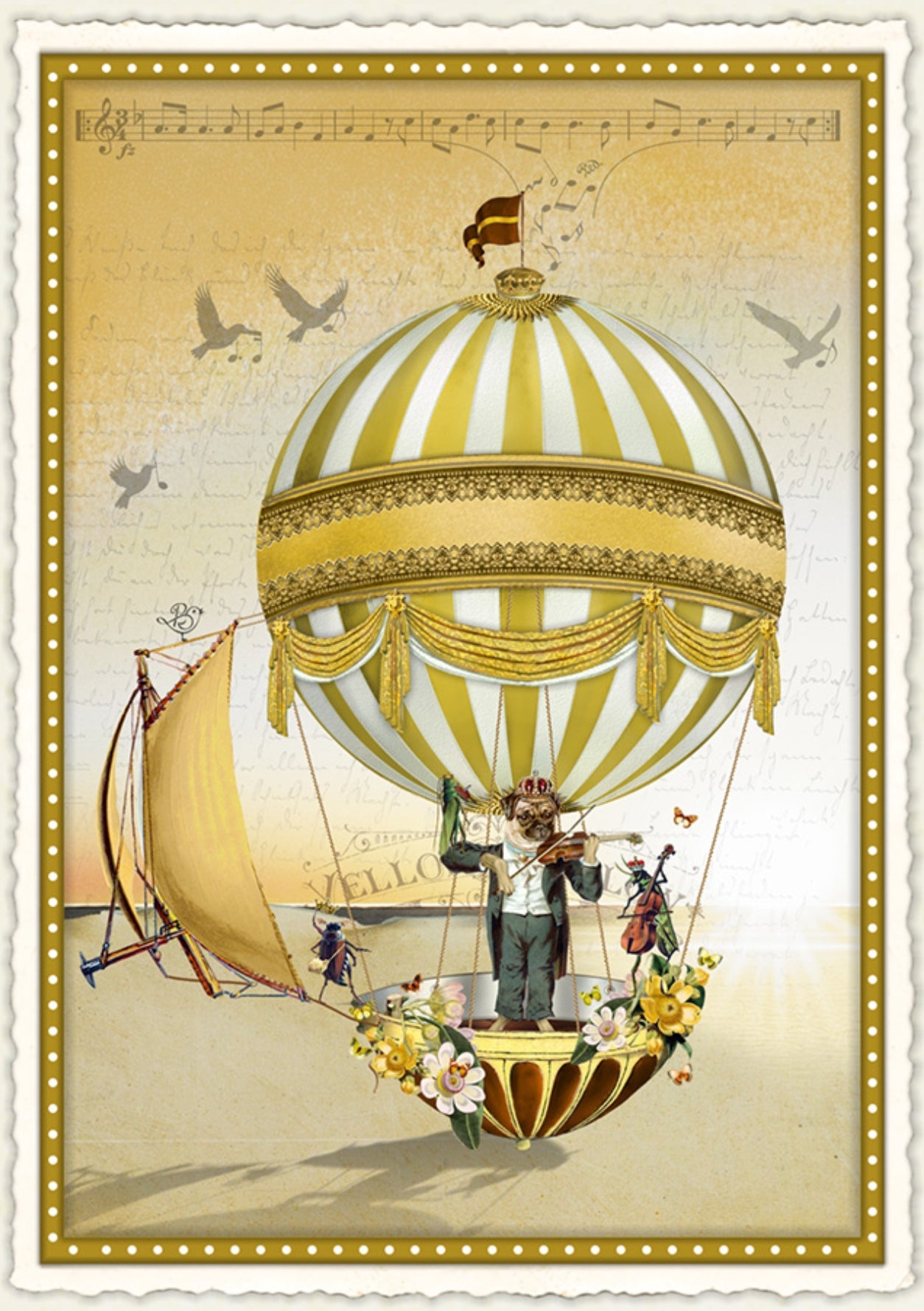 Edition Wundersam “Melody of the Desert Wind” postcard illustrated by Barbara Behr, featuring a gold‑striped hot air balloon carrying a crowned dog playing a violin, surrounded by musical insects, birds, and floating decorative elements.