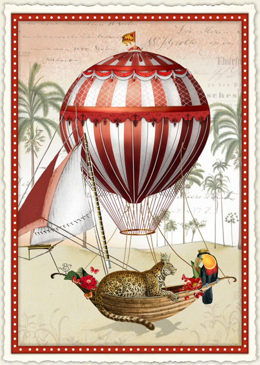 Edition Wundersam “Conversation of Kings” postcard illustrated by Barbara Behr, featuring a red‑striped hot air balloon carrying a crowned leopard with a colorful toucan and tropical flowers, set against a backdrop of palm trees and vintage script.