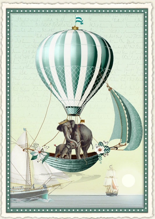 Edition Wundersam postcard illustrated by Barbara Behr featuring a teal hot air balloon carrying an adult and baby elephant in above the ocean with sailing ships.