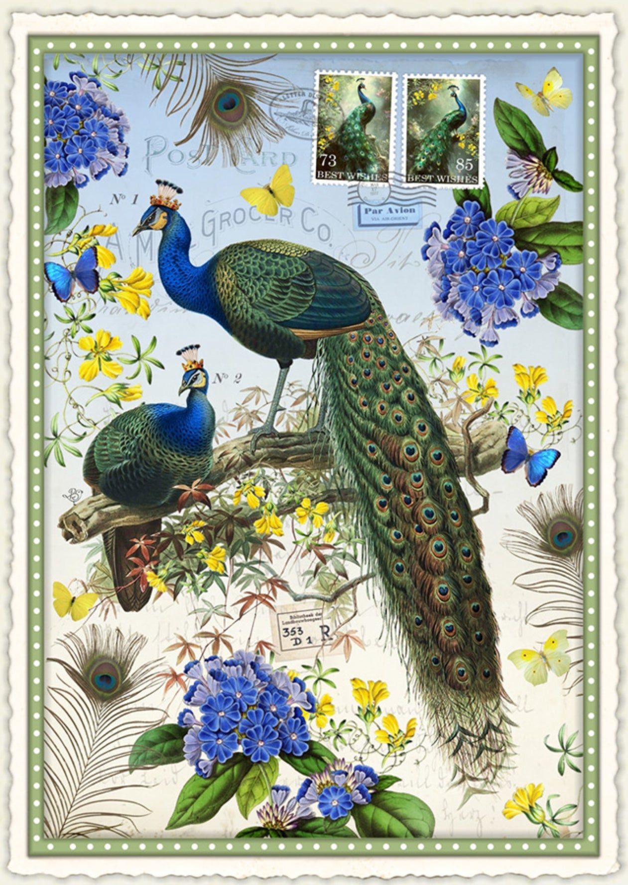 Edition Wundersam postcard illustrated by Barbara Behr featuring two peacocks on a floral branch with butterflies, feathers, and vintage postal elements
