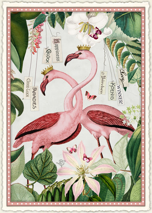Edition Wundersam postcard illustrated by Barbara Behr featuring two crowned flamingos among tropical leaves, flowers, butterflies, and hanging word tags