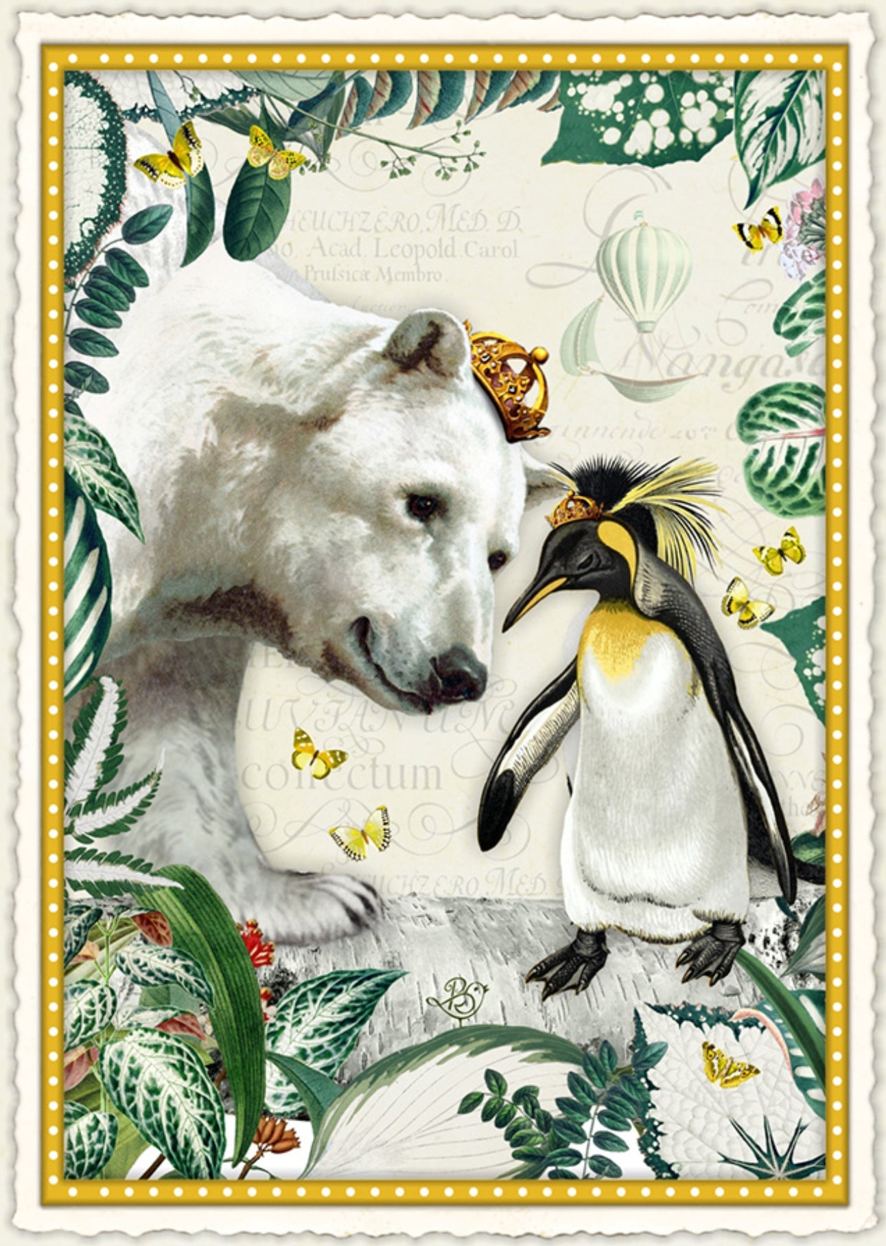 Edition Wundersam postcard illustrated by Barbara Behr featuring a crowned polar bear and penguin surrounded by tropical leaves and butterflies.