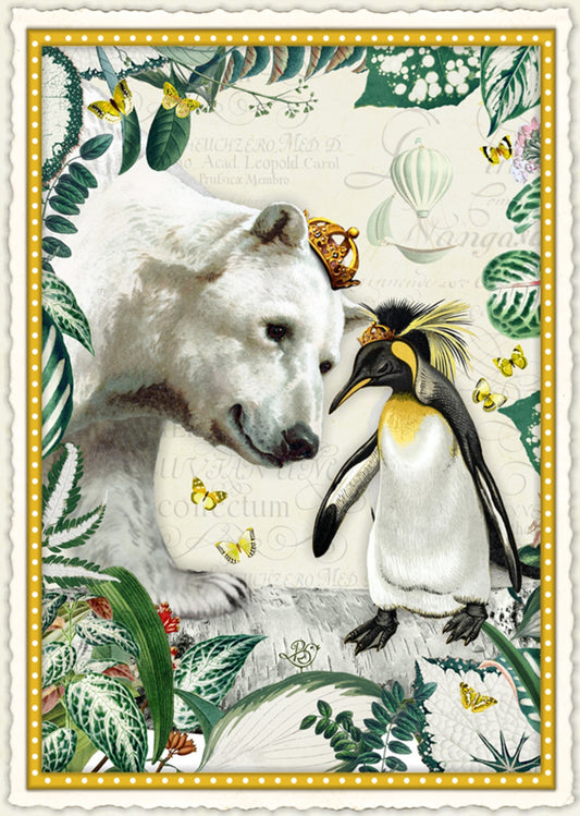 Edition Wundersam postcard illustrated by Barbara Behr featuring a crowned polar bear and penguin surrounded by tropical leaves and butterflies.
