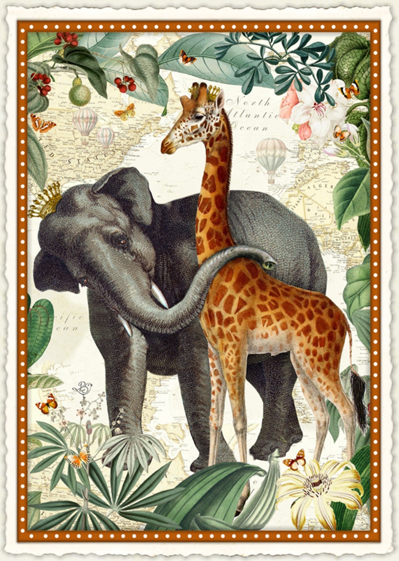 Edition Wundersam postcard illustrated by Barbara Behr featuring a crowned elephant and giraffe embracing against a vintage world map with tropical leaves, flowers, butterflies, and hot air balloons.