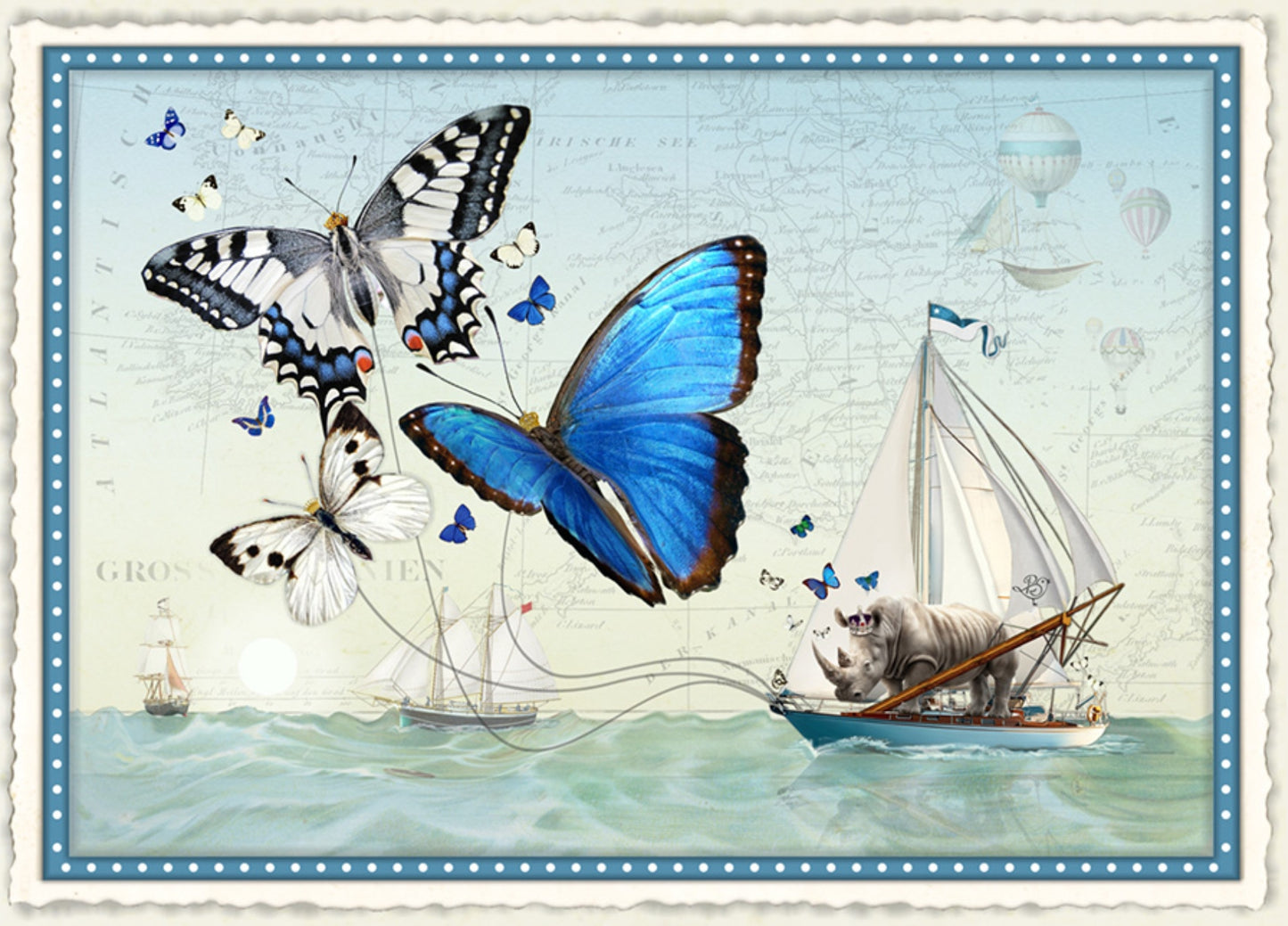 Colorful Forces Postcard by Barbara Behr - Edition Wundersam No. 15 featuring an illustration of butterflies and a sailboat with a rhinoceros on a blue and white background