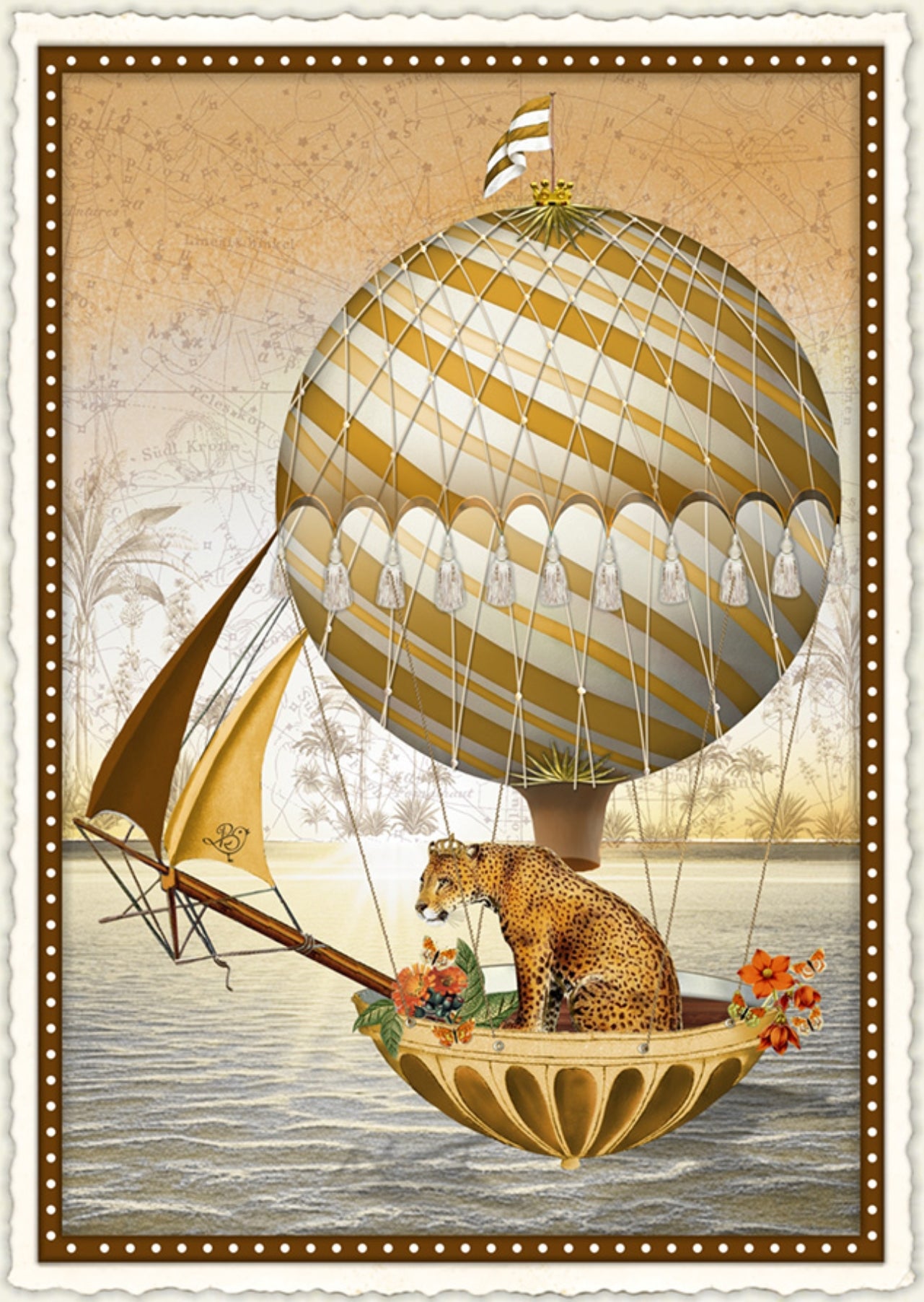 Silent Flight of Dreams Postcard by Barbara Behr - Edition Wundersam No. 17 featuring a vintage-style illustration of a leopard in a hot air balloon over water