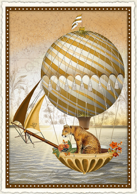 Silent Flight of Dreams Postcard by Barbara Behr - Edition Wundersam No. 17 featuring a vintage-style illustration of a leopard in a hot air balloon over water