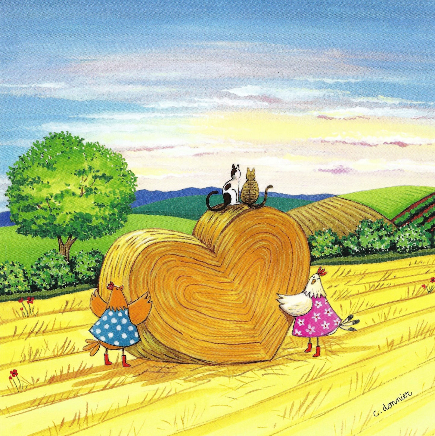 A colorful postcard featuring illustrations of chickens, hens, and cats on a heart-shaped hay stack with a sunset in the background by Editions Titi Ponson illustrated by Christine Donnier.
