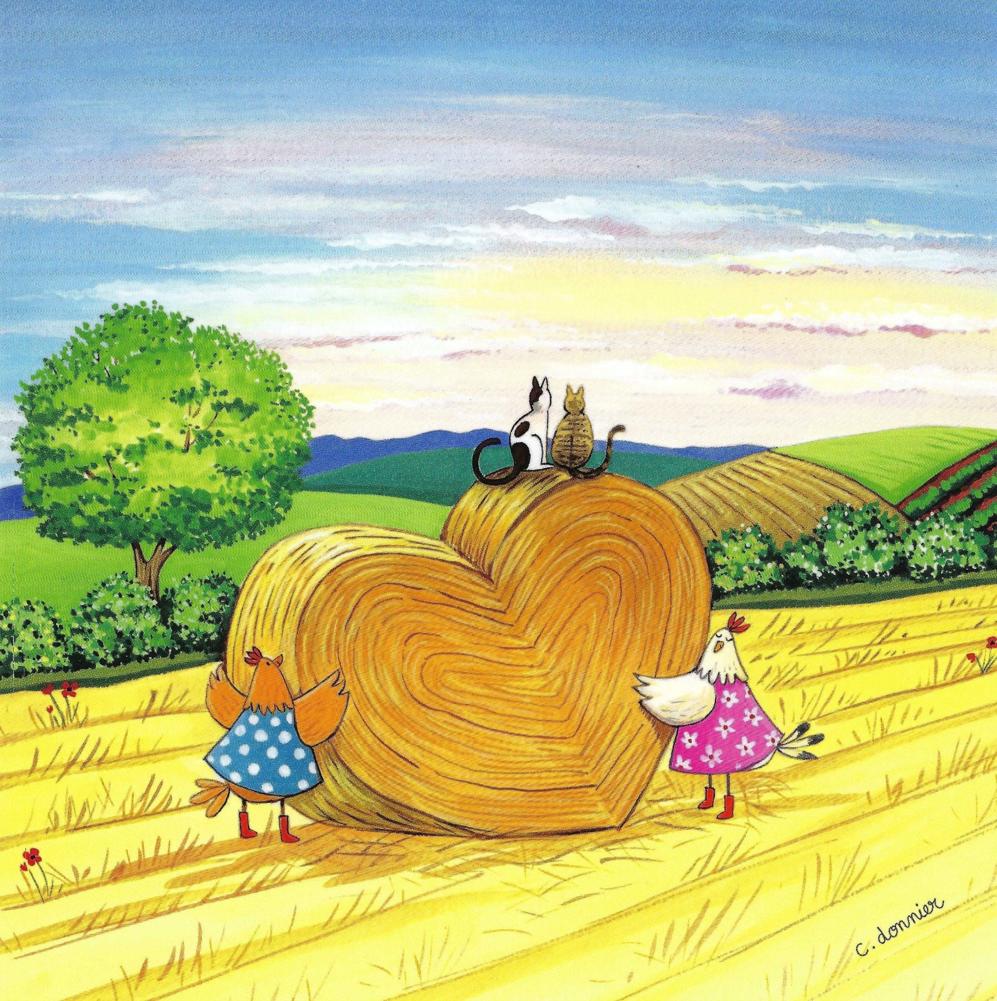 A colorful postcard featuring illustrations of chickens, hens, and cats on a heart-shaped hay stack with a sunset in the background by Editions Titi Ponson illustrated by Christine Donnier.