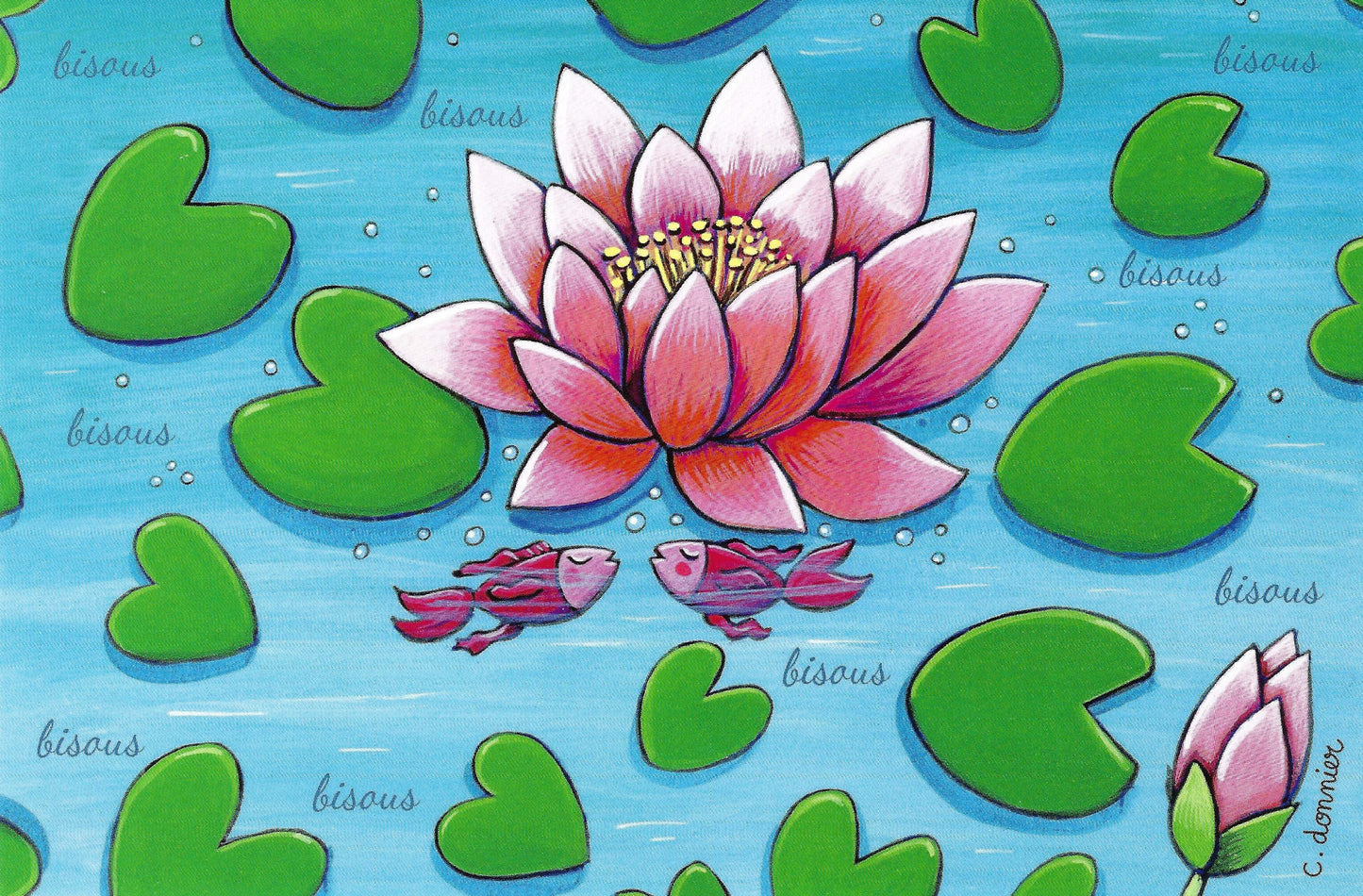 Editions Titi Pinson postcard illustrated by Christine Donnier featuring two fish kissing among lily pads and water lilies
