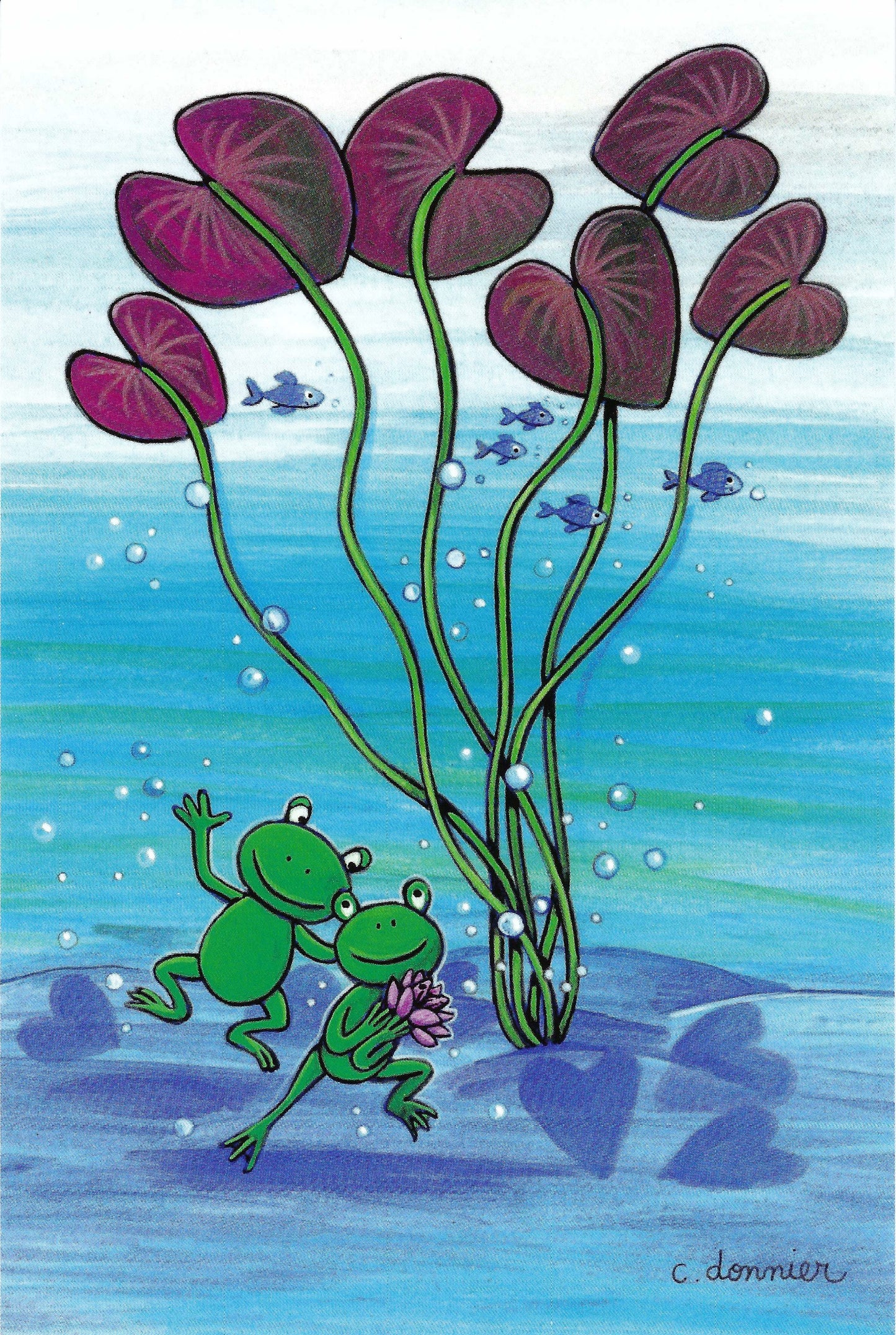 Editions Titi Pinson - Frogs - Love - Lily Pads - Water Lilies - Postcard