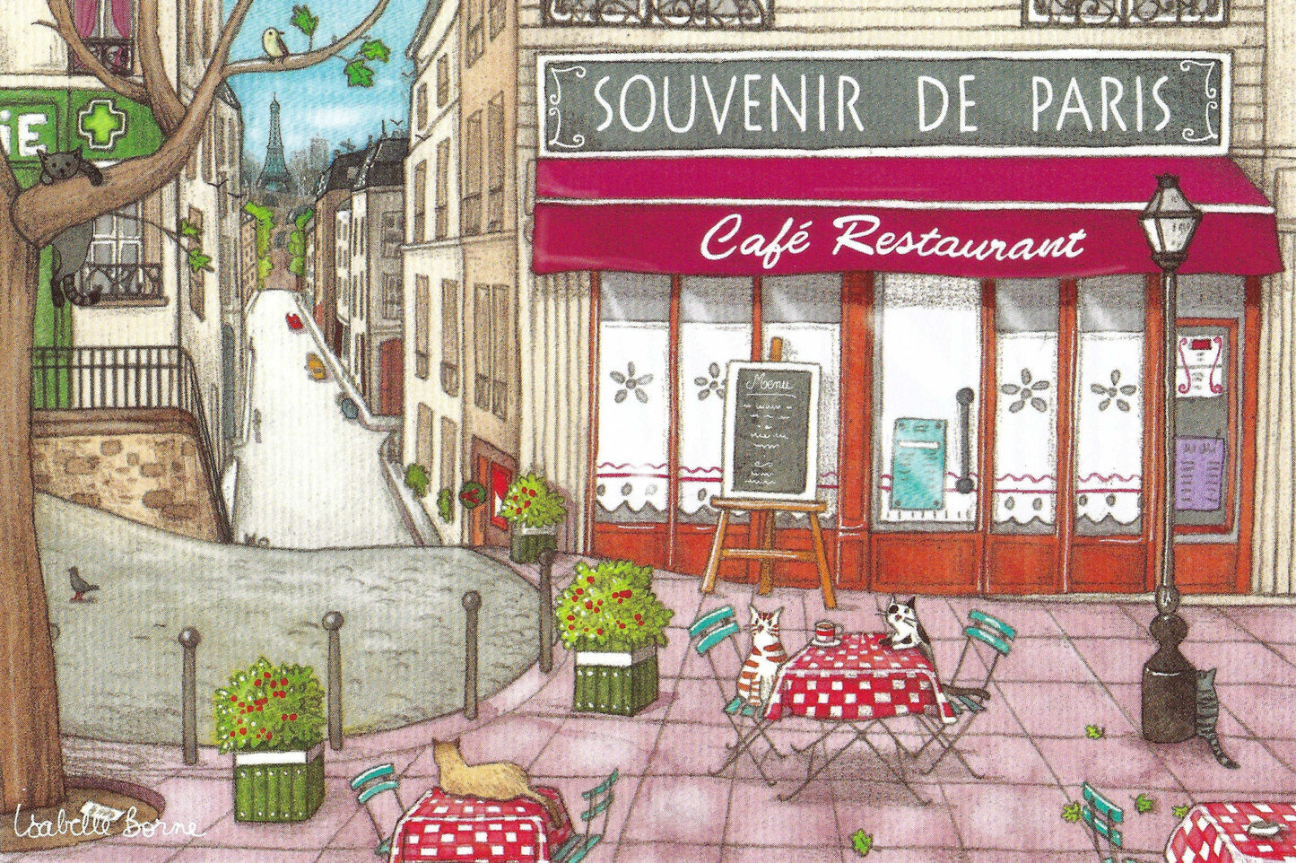 Editions Titi Pinson -Paris - Cafe - Cats - Souvenir de Paris - Eiffel Tower - Postcard