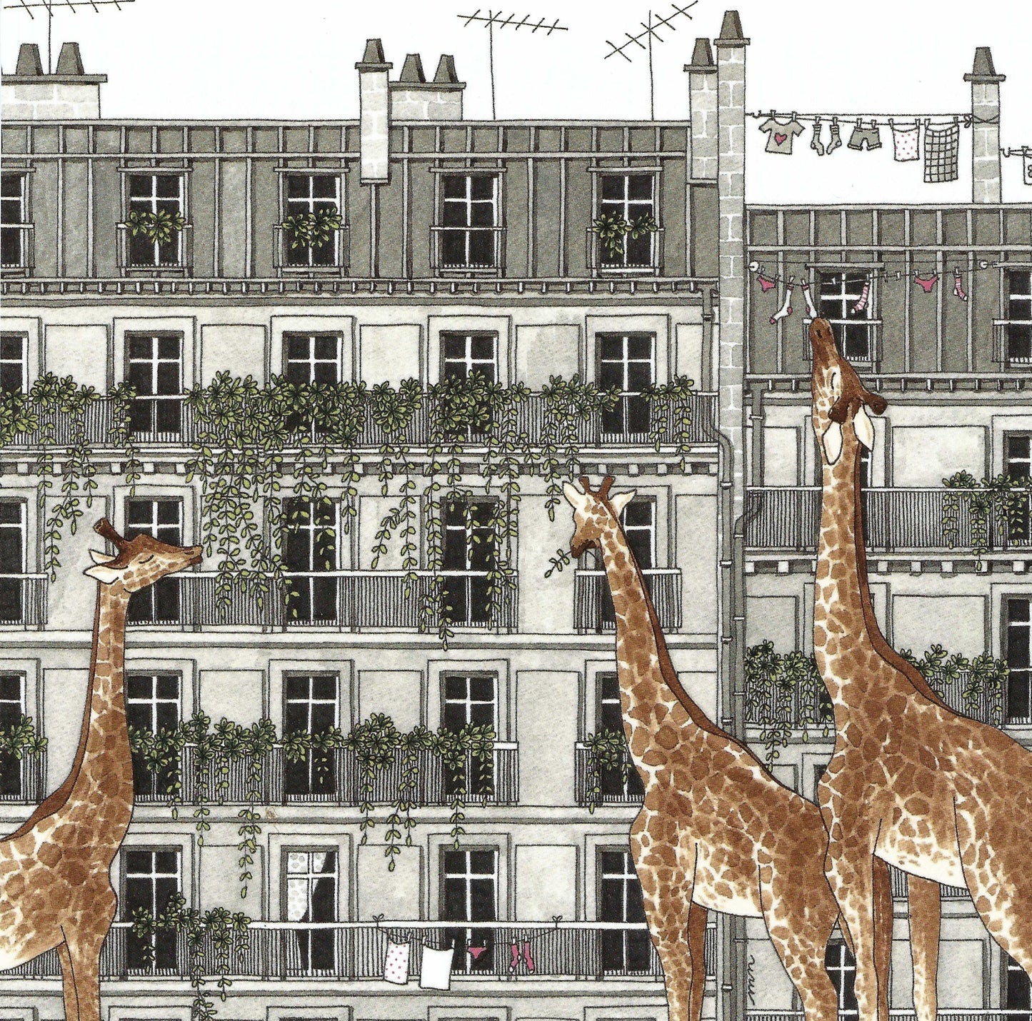Illustrated Giraffe Postcard with lacquer details by Myriam Nion - Giraffe's in the City - Editions Titi Pinson. Perfect for Postcrossing, snail mail.