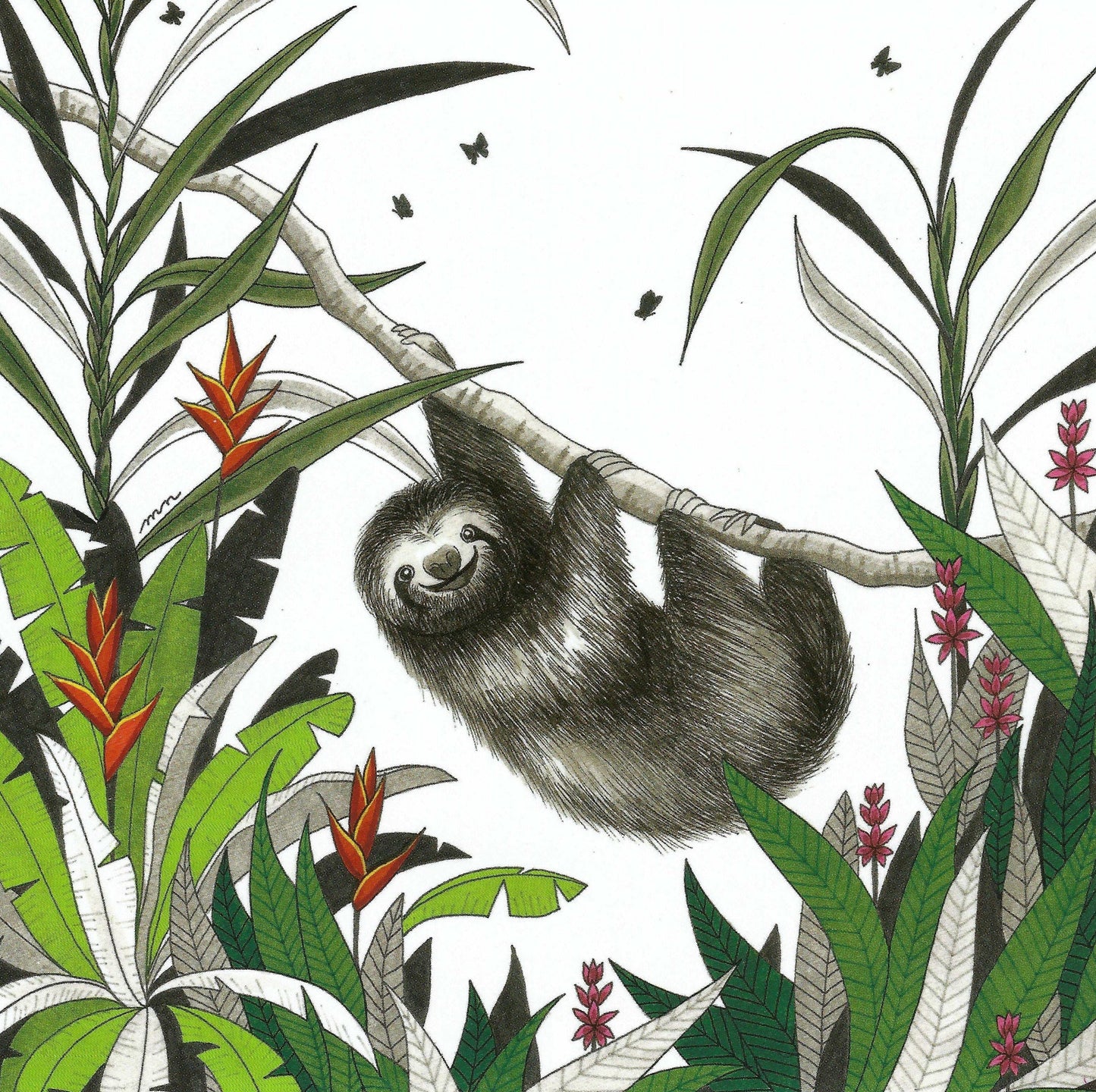 Editions Titi Pinson postcard illustrated by Myriam Nion featuring a sloth surrounded by butterflies, bird of paradise, and crane flowers—square format with varnish accents, printed in France