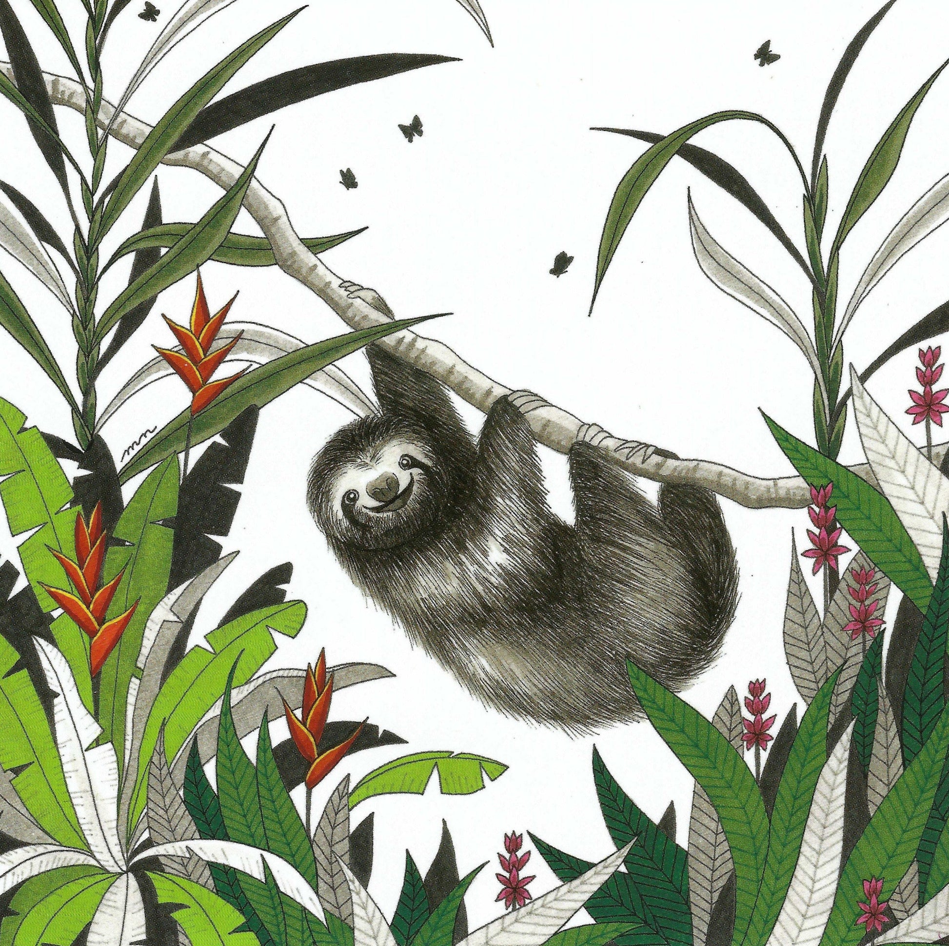 Editions Titi Pinson postcard illustrated by Myriam Nion featuring a sloth surrounded by butterflies, bird of paradise, and crane flowers—square format with varnish accents, printed in France