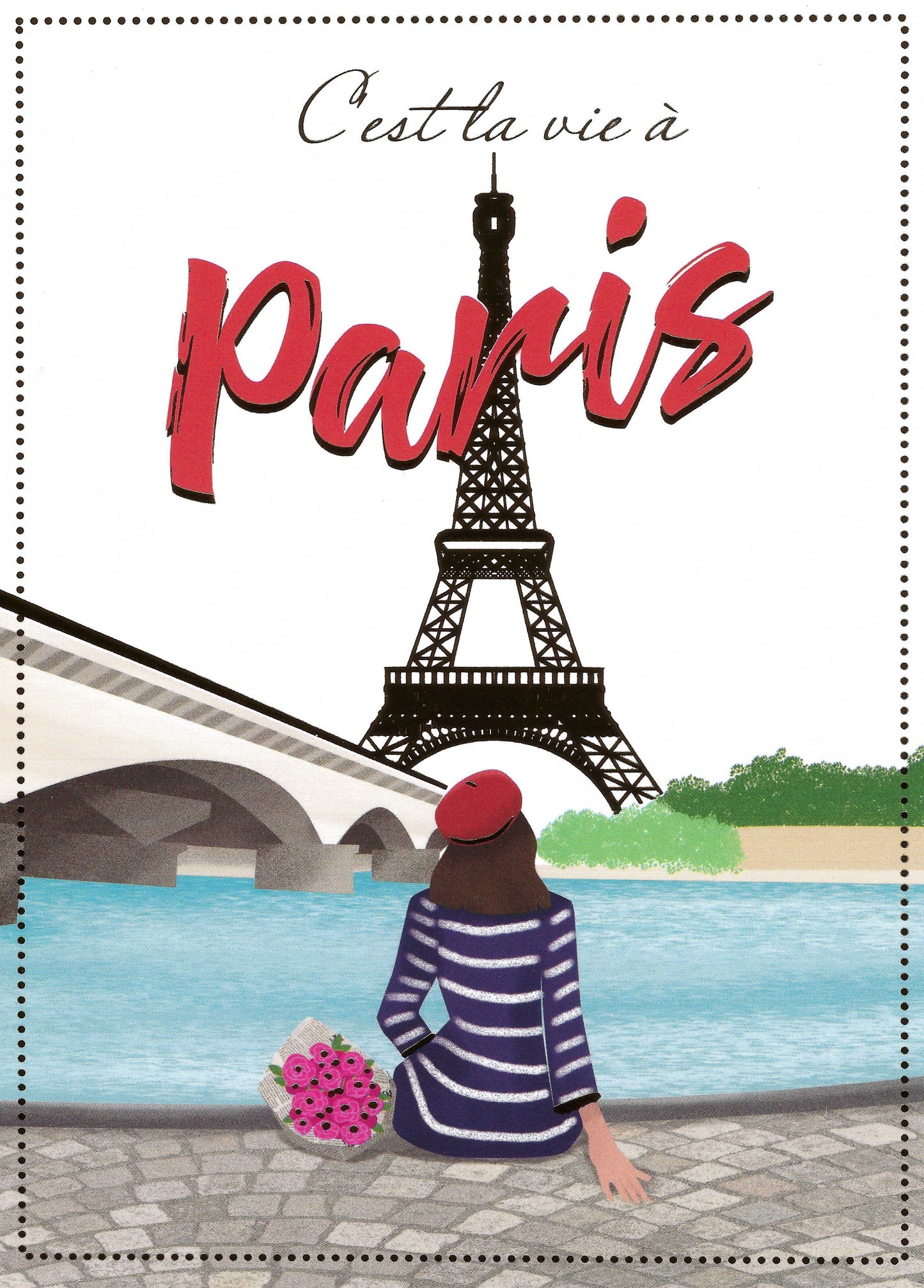 Editor - Art of Emotion - Destination Paris Postcard - C'est La Vie à Paris - Eiffel Tower - Woman - Bouquet - River Seine - Postcard with gold foil details