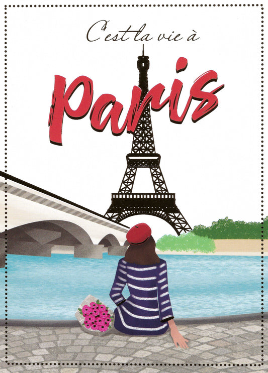 Editor - Art of Emotion - Destination Paris Postcard - C'est La Vie à Paris - Eiffel Tower - Woman - Bouquet - River Seine - Postcard with gold foil details
