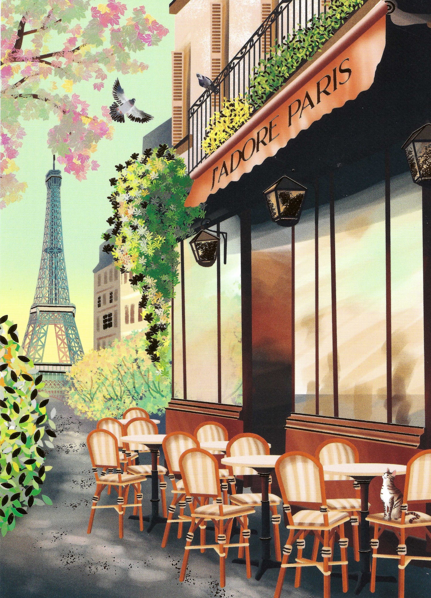Editor - Art of Emotion Postcard - Jadore Paris - Eiffel Tower - Cafe - France - Postcard with gold foil details