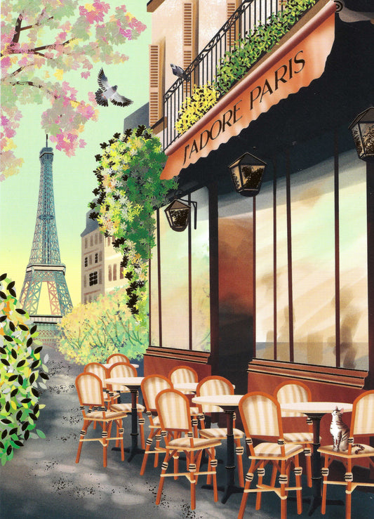 Editor - Art of Emotion Postcard - Jadore Paris - Eiffel Tower - Cafe - France - Postcard with gold foil details