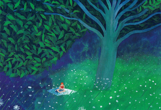 Postcard with Person sitting under a large tree in a forest with glowing leaves