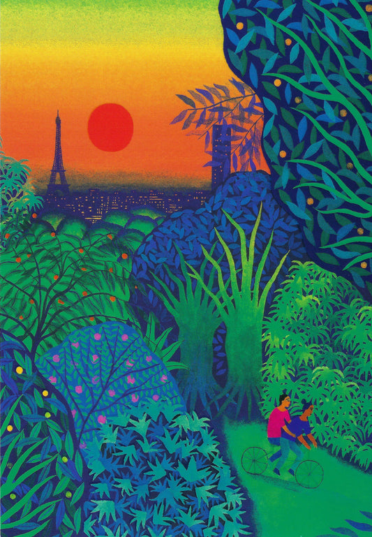 Editor - Art of Emotion Postcard - Selva Utopia - Bicycling - Couple - Views Trees - Eiffel Tower - Postcard with beautiful varnish details