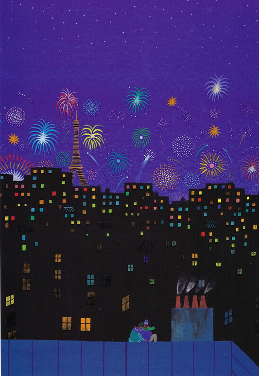Editor - Art of Emotion - Rooftop with a View - Paris - Night - Eiffel Tower - Fireworks - Postcard with varnish details