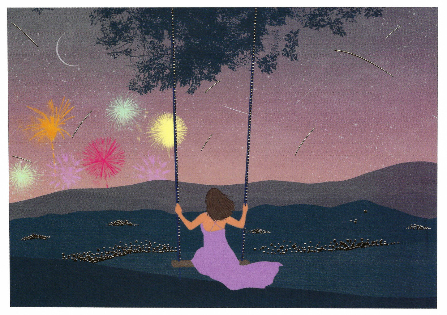 Editor - Art of Emotion - Swing - Night Sky - Fireworks - Postcard with foil details