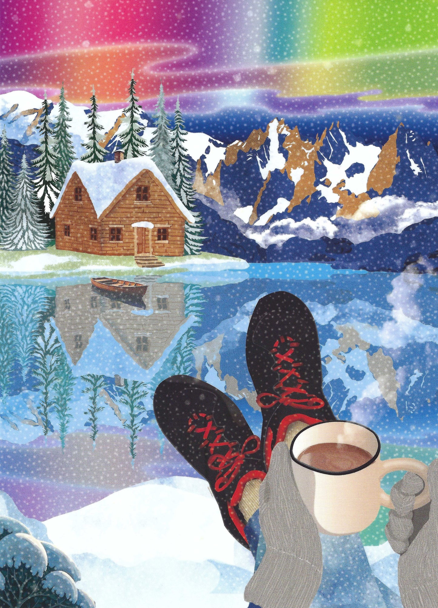 Oversized winter postcard by Editor – Art of Emotion featuring coffee, snowy cabin, northern lights; ideal for Postcrossing
