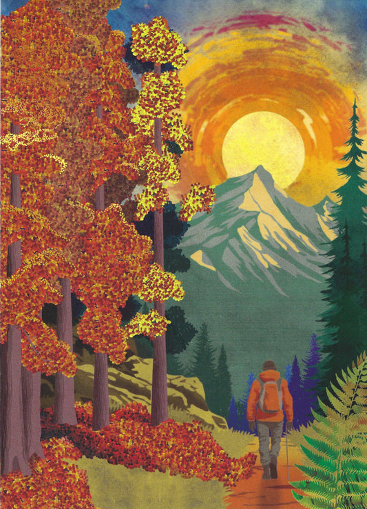 Postcard featuring a scenic mountain landscape with hiker surrounded by autumn foliage and sunshine – designed by Editor – Art of Emotion, ideal for fall-themed snail mail, Postcrossing, and nature lovers