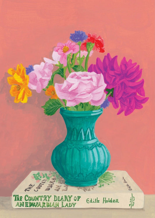 Edwardian Lady Postcard by Melanie Voituriez featuring colorful flowers in a teal vase on a book with a pink background