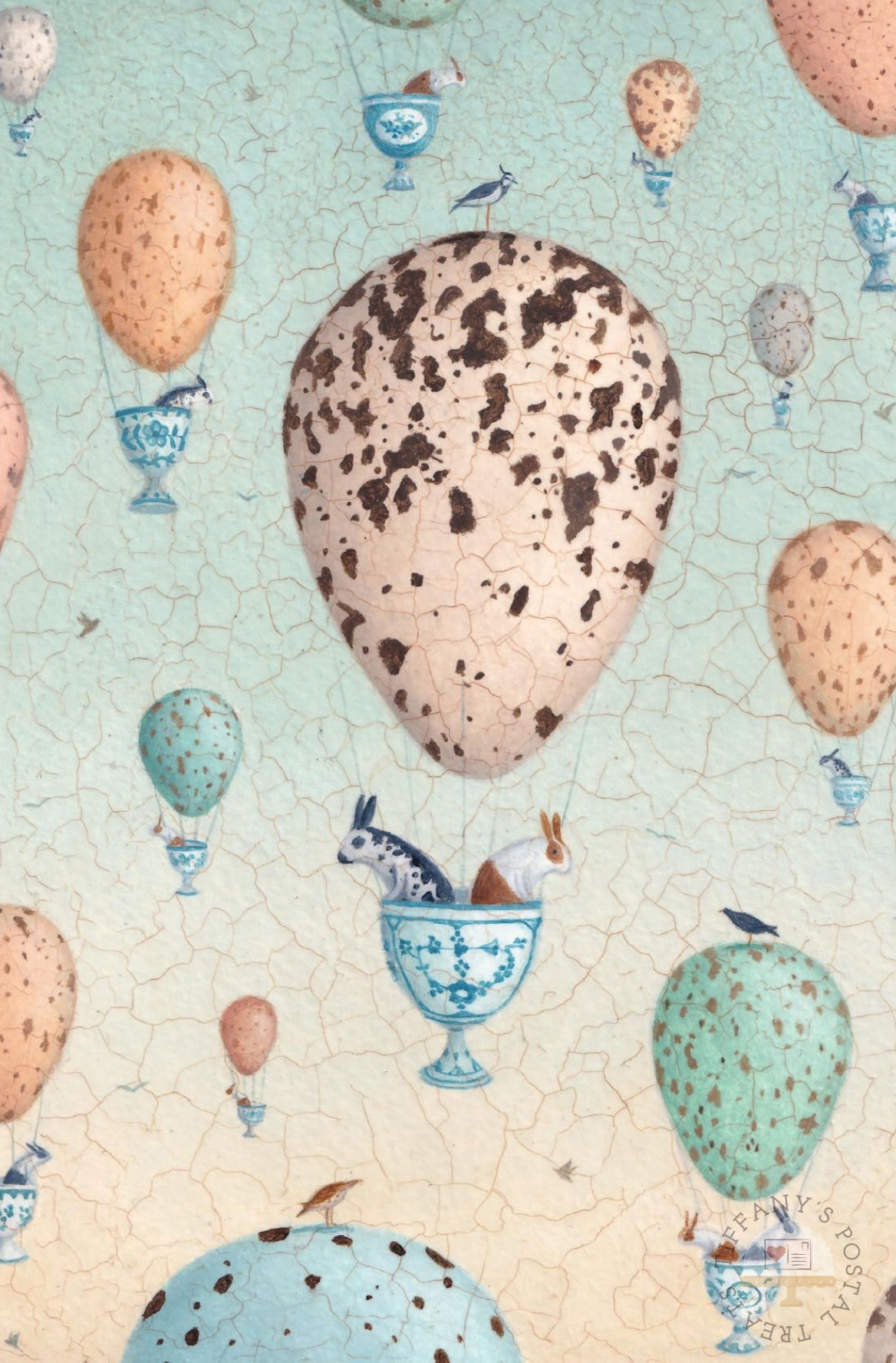 Egg Race Postcard by Inkognito featuring a large speckled egg at the center, surrounded by smaller eggs, birds, rabbits, and decorative cups on a cracked pastel background.