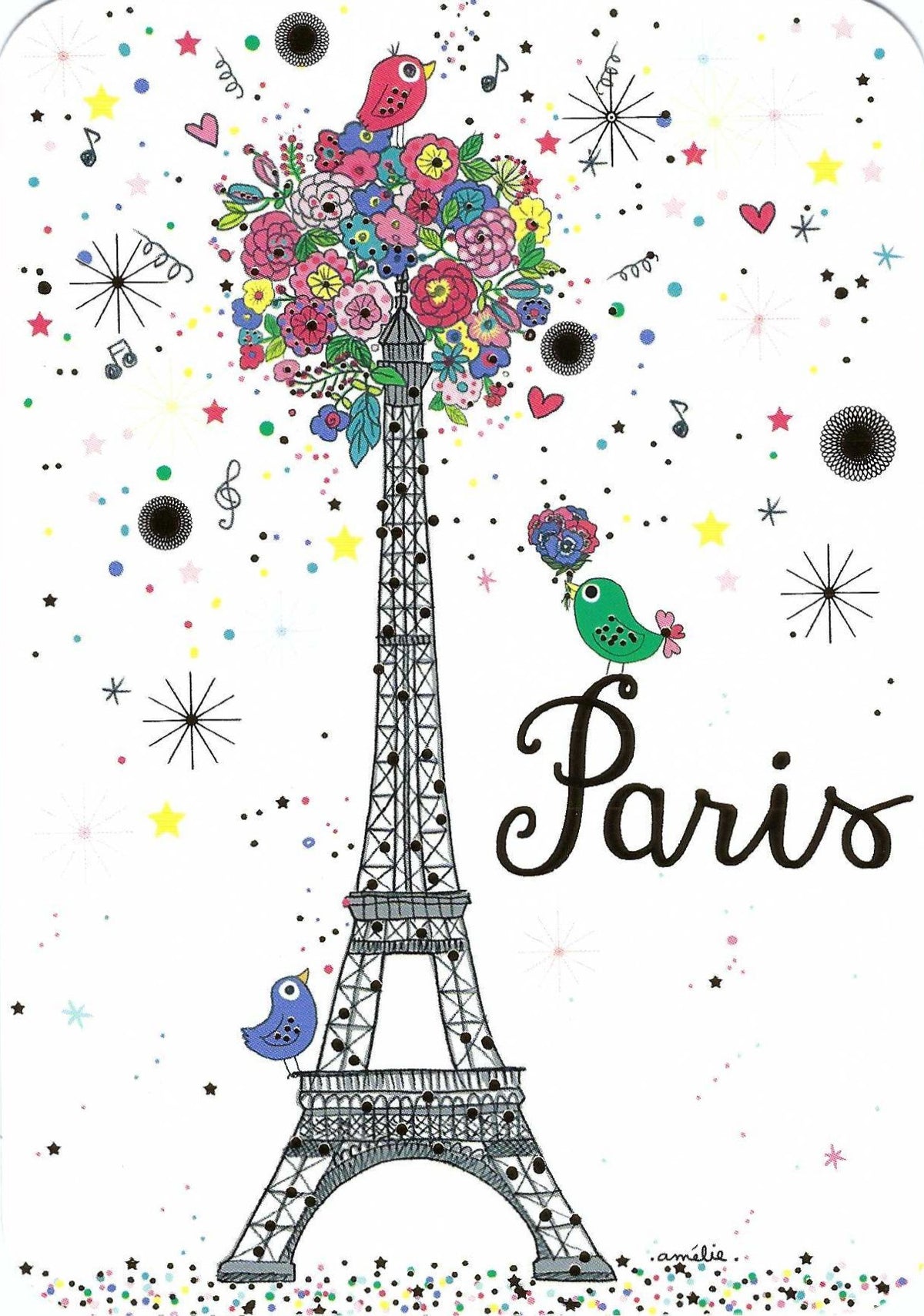 Eiffel Tower Bouquet Postcard by Cartes d'Art featuring the Eiffel Tower with a bunch of flowers at the top and three birds with the text Paris.