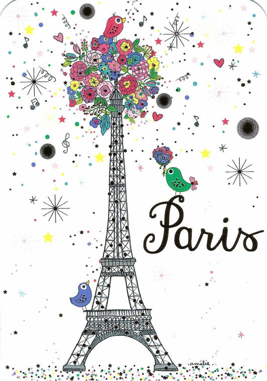 Eiffel Tower Bouquet Postcard by Cartes d'Art featuring the Eiffel Tower with a bunch of flowers at the top and three birds with the text Paris.