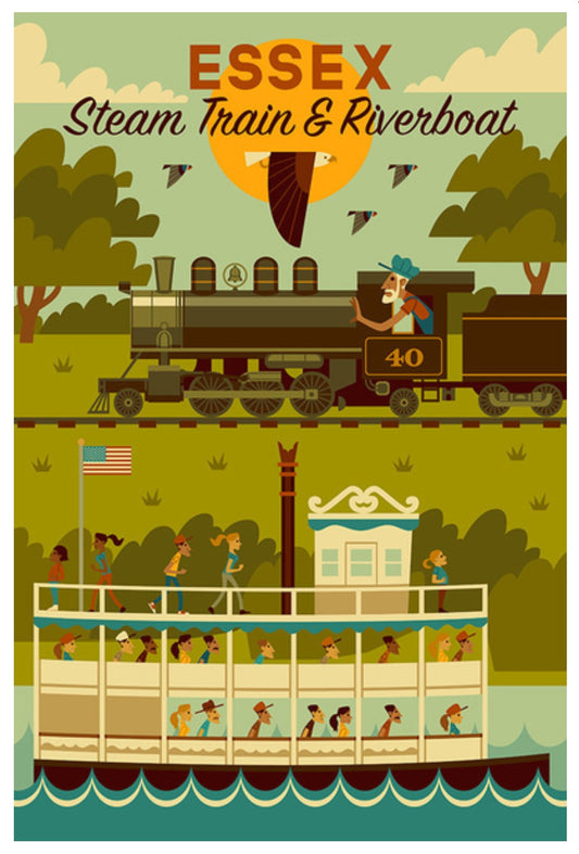Essex Steam Train and Connecticut Riverboat postcard by Lantern Press – geometric travel art in bold colors, featuring stylized train and boat scene in Essex, Connecticut