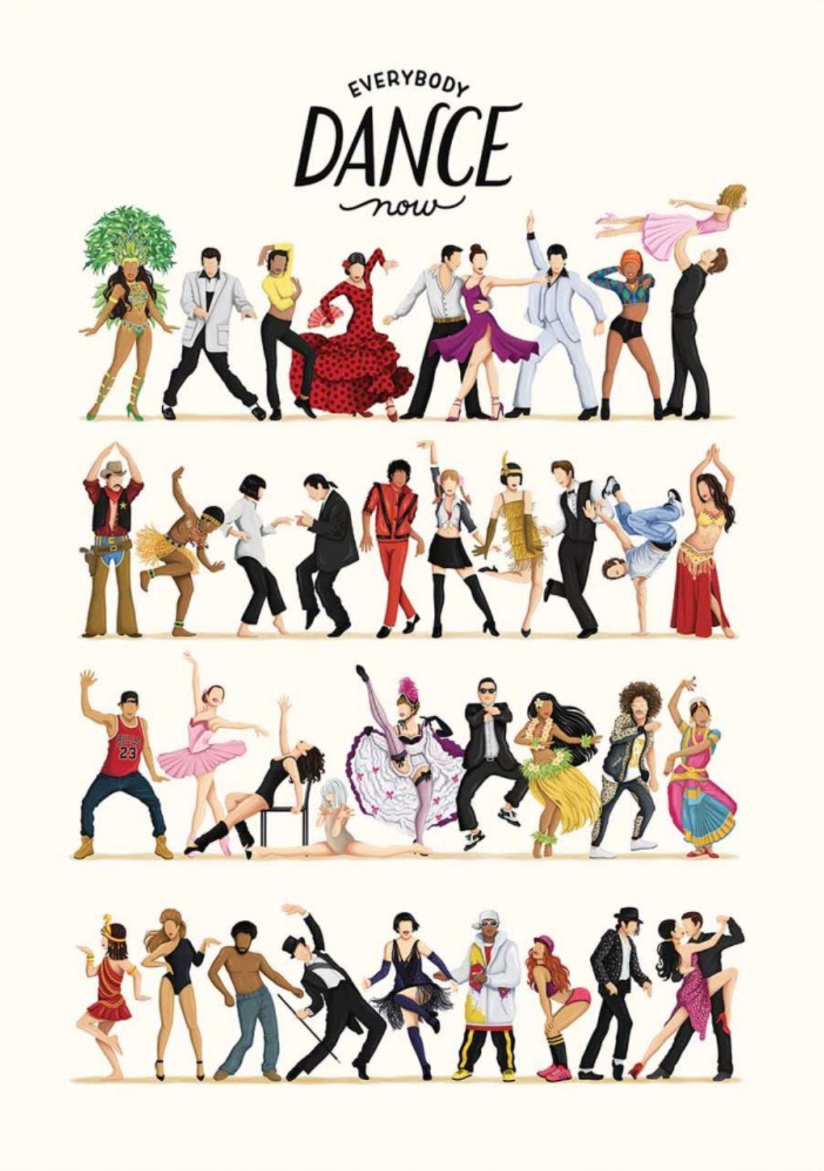 Everybody Dance Now Postcard by Nour Tohme featuring an illustration of people dancing with 'Everybody Dance Now' text on a white background