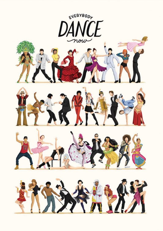 Everybody Dance Now Postcard by Nour Tohme featuring an illustration of people dancing with 'Everybody Dance Now' text on a white background