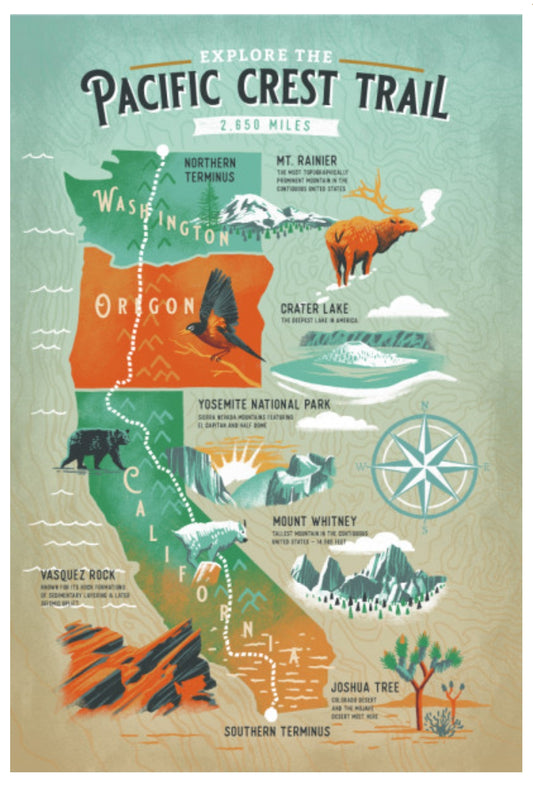 Lantern Press Postcard featuring an illustrated map of the Pacific Crest Trail with illustrations of nature elements and animals