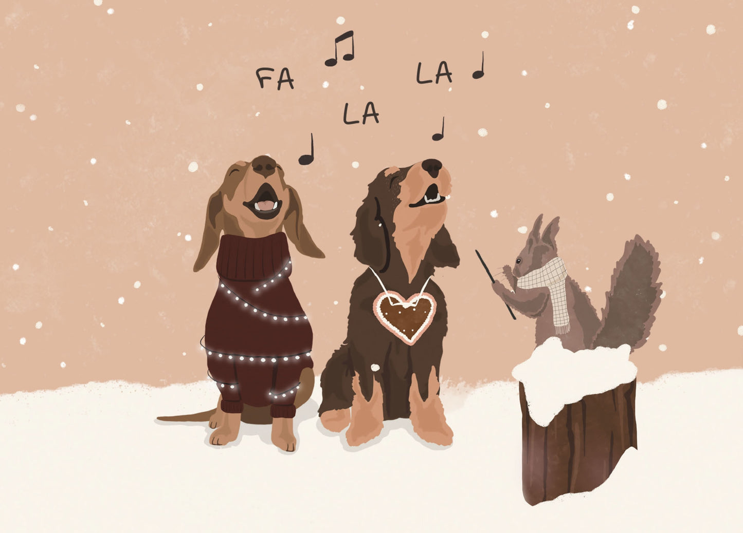 Fa La La Holiday Dog Postcard by Nobis Design featuring two dachshunds singing in the snow and a squirrel on a snowy stump wearing a scarf. Musical notes float above them against a warm beige snowy background.