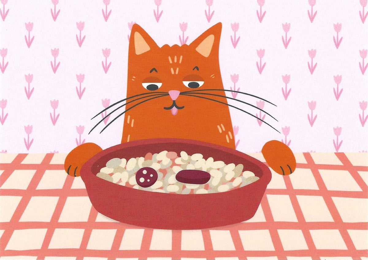 Fabada Cat Postcard by Das Brooklyn featuring an illustration of a cat with a bowl of fabada on a checkered tablecloth.