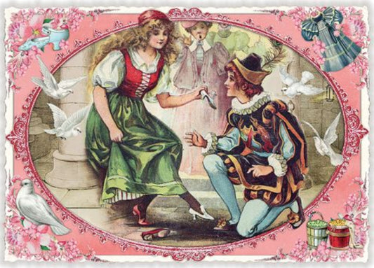 Fairy Tale Edition - Cinderella Postcard by Edition Tausendschön featuring a vintage-style illustration of a woman in a green dress and a Prince in a colorful outfit with doves on a pink background.