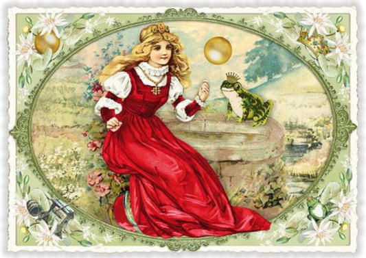 Fairy Tale Edition - Frog Prince Postcard by Edition Tausendschön featuring a vintage-style illustration of a woman in a red dress with a frog, framed by decorative elements.