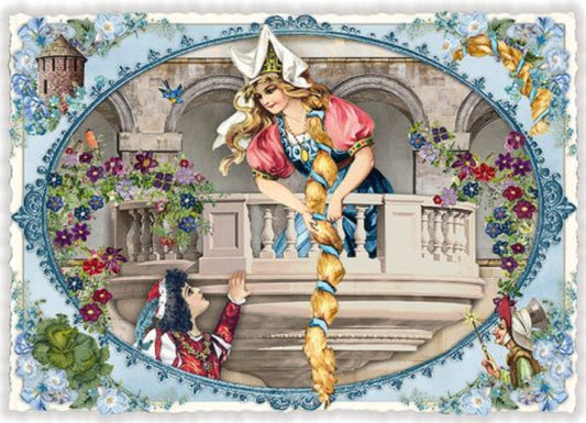 Fairy Tale Edition - Rapunzel Postcard by Edition Tausendschön featuring an illustration of a woman on a balcony with a man below, surrounded by decorative elements and flowers.