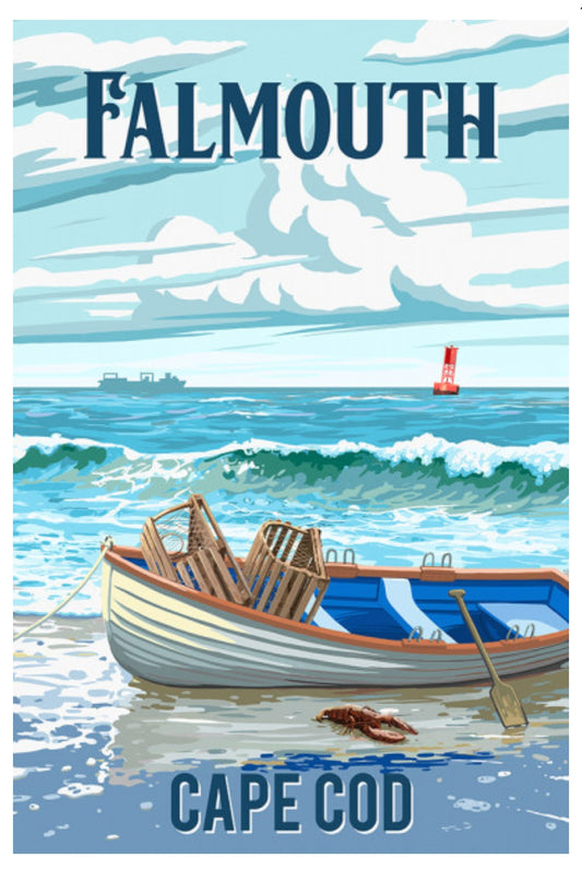 Lantern Press Postcard of Falmouth, Cape Cod, Massachusetts with a boat, lobster traps, lobster and ocean scene.
