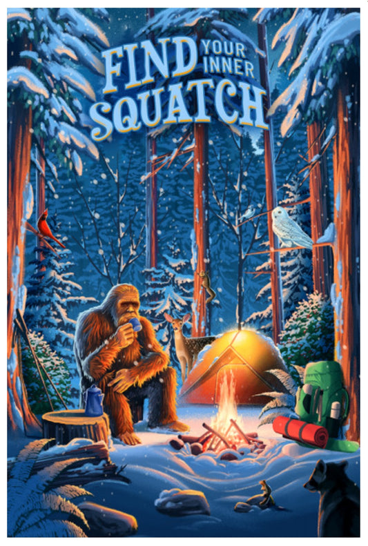 Lantern Press Postcard featuring an illustration of a Sasquatch in a snowy forest with a sign 'Find Your Inner Squatch'.