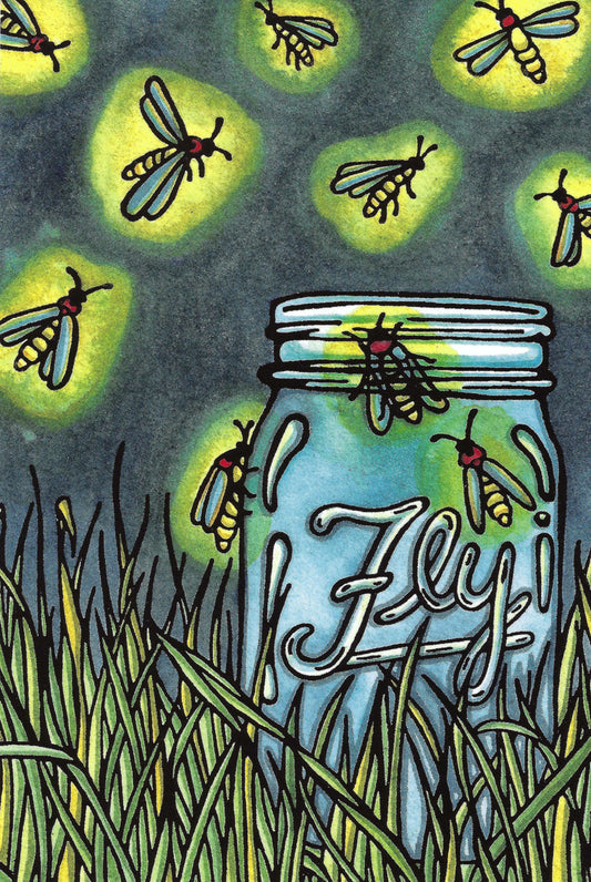 Fireflies with Mason Jar Postcard by Sarah Angst Art