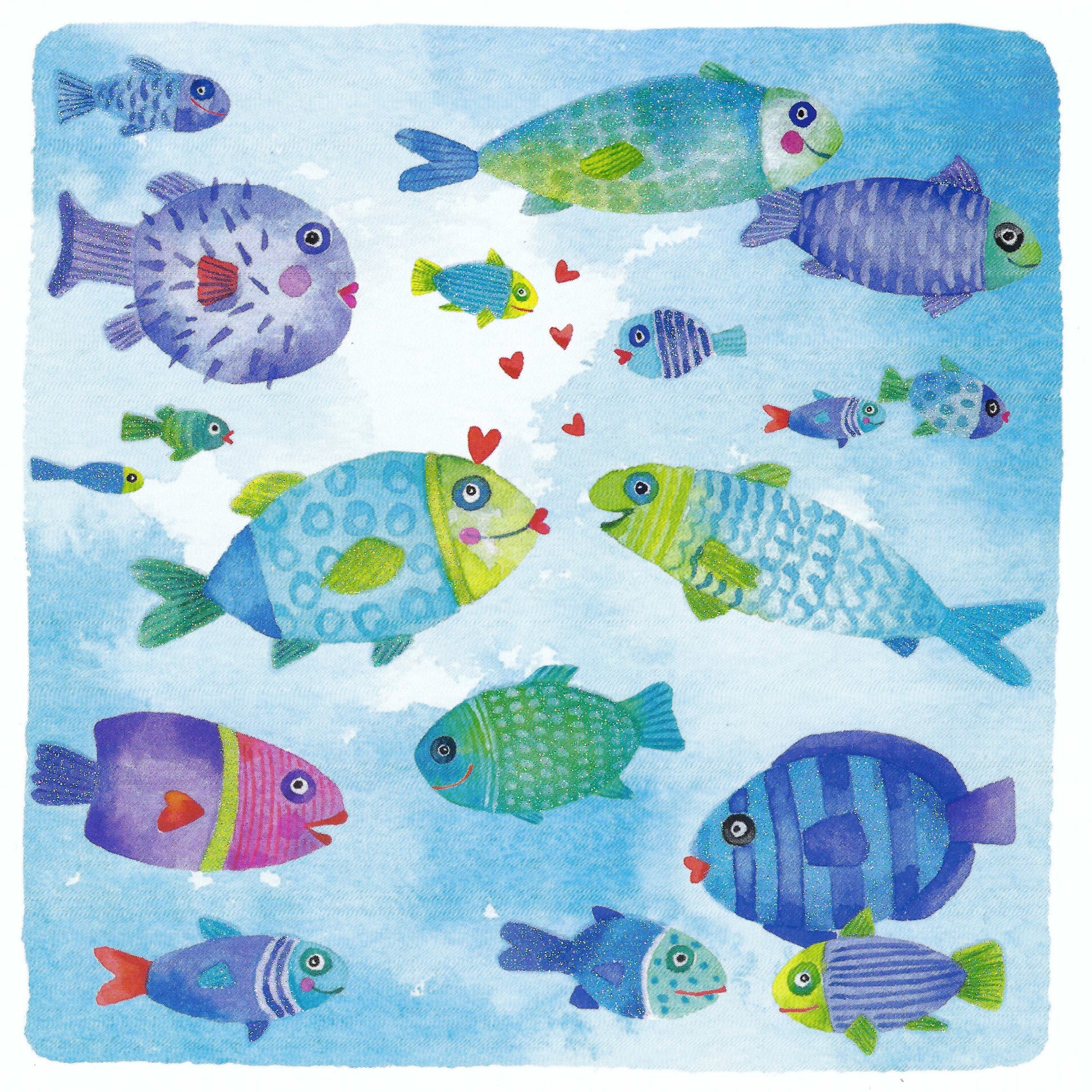 Fishes Postcard by Carola Pabst - Edition Gollong featuring colorful fish illustration on a blue background