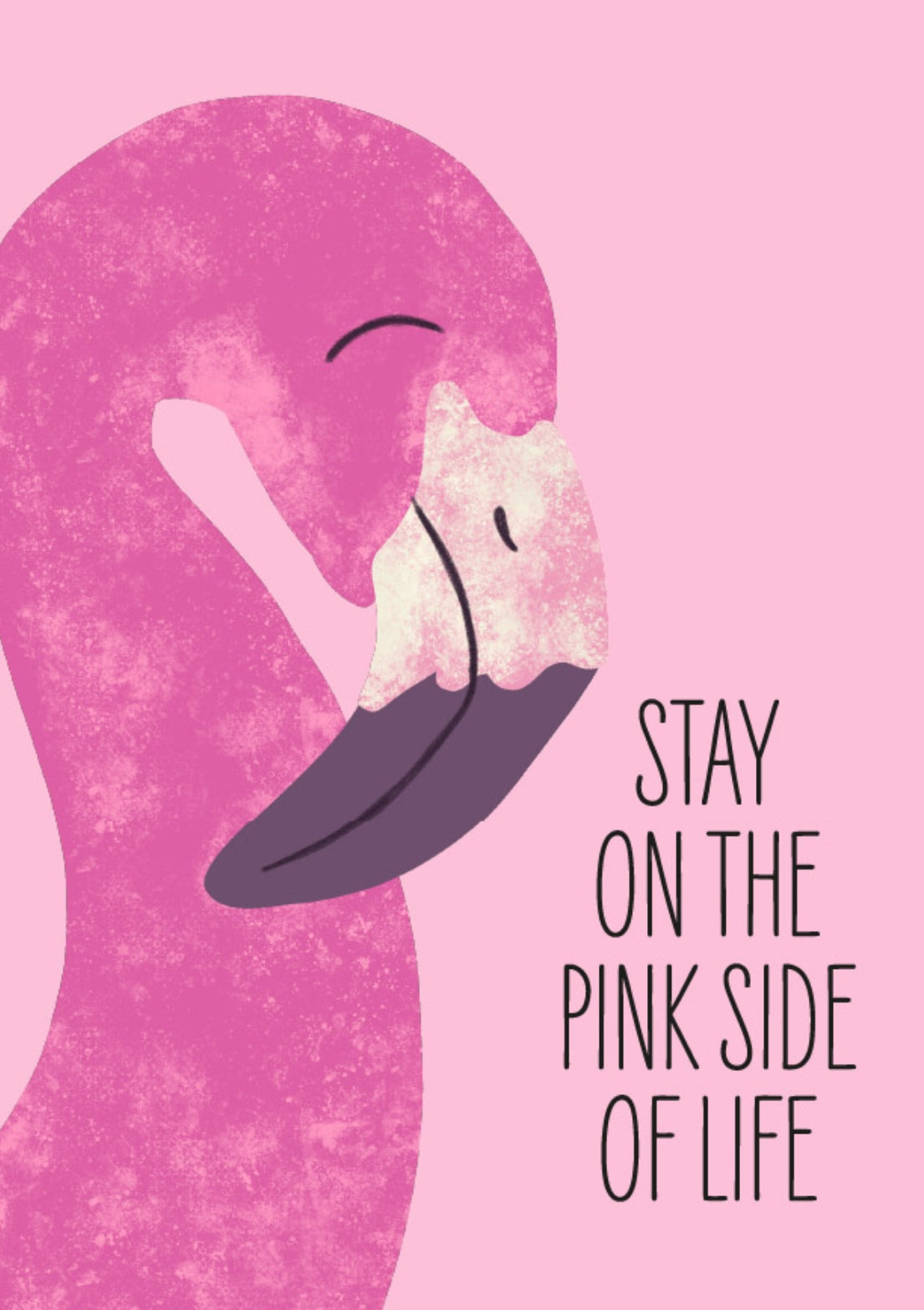 Flamingo Postcard by Nobis Design featuring a pink flamingo illustration with the text 'STAY ON THE PINK SIDE OF LIFE' on a solid pink background.