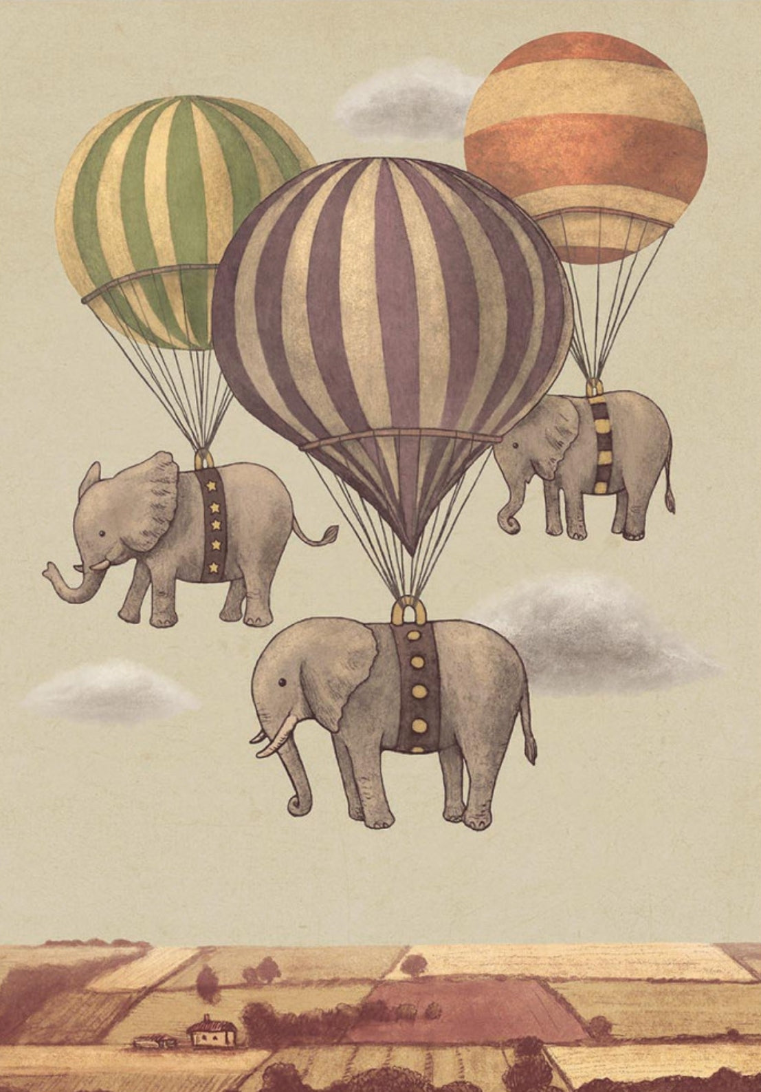 Flight of the Elephants Postcard by Terry Fan featuring an illustration of elephants flying in hot air balloons over a landscape.