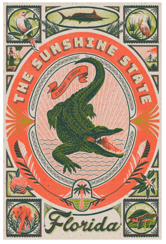 Florida - The Sunshine State Postcard by Lantern Press featuring vintage-style artwork with a large green alligator in the center, surrounded by an orange oval and bordered by decorative panels showing tropical animals and scenery. The text reads “The Sunshine State” and “Florida.